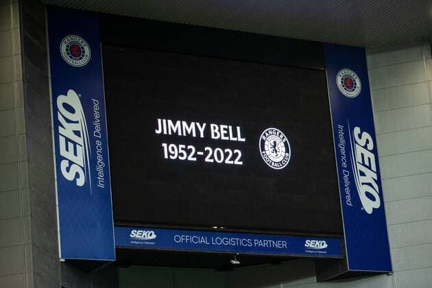 Mandatory Credit: Photo by Kirk O Rourke Rangers FC Shutterstock (12926021eu) Rangers with a tribute to Jimmy Bell during the Europa League Semi Final match against RB Leipzig at Ibrox Stadium, Glasgow. Rangers v RB Leipzig, UEFA Europa League, Semi Final, Second Leg, Football, Ibrox Stadium, Glasgow, UK - 05 May 2022 EDITORIAL USE ONLY No use with unauthorised audio, video, data, fixture lists, club league logos or live services. Online in-match use limited to 120 images, no video emulation. No use in betting, games or single club league player publications. Rangers v RB Leipzig, UEFA Europa League, Semi Final, Second Leg, Football, Ibrox Stadium, Glasgow, UK - 05 May 2022 EDITORIAL USE ONLY No use with unauthorised audio, video, data, fixture lists, club league logos or live services. Online in-match use limited to 120 images, no video emulation. No use in betting, games or single club league player publications.  Copyright: xKirkxO Rourke RangersxFC Shutterstockx 12926021eu