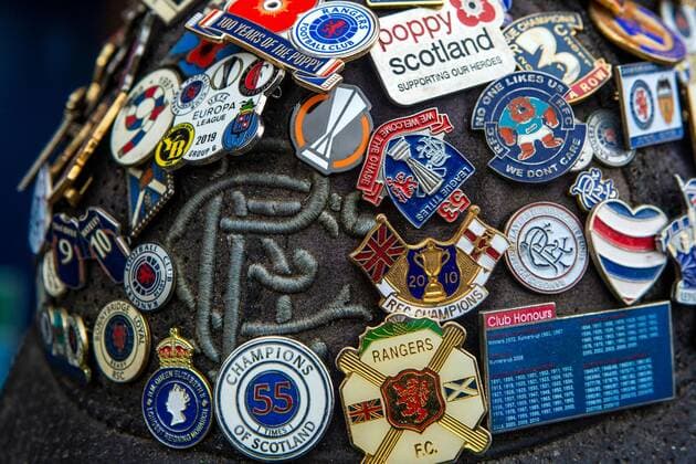 Mandatory Credit: Photo by Kirk O Rourke Rangers FC Shutterstock (12926021fy) Rangers fan with the Europa League badge on his hat for the Semi Final match against RB Leipzig at Ibrox Stadium, Glasgow. Rangers v RB Leipzig, UEFA Europa League, Semi Final, Second Leg, Football, Ibrox Stadium, Glasgow, UK - 05 May 2022 EDITORIAL USE ONLY No use with unauthorised audio, video, data, fixture lists, club league logos or live services. Online in-match use limited to 120 images, no video emulation. No use in betting, games or single club league player publications. Rangers v RB Leipzig, UEFA Europa League, Semi Final, Second Leg, Football, Ibrox Stadium, Glasgow, UK - 05 May 2022 EDITORIAL USE ONLY No use with unauthorised audio, video, data, fixture lists, club league logos or live services. Online in-match use limited to 120 images, no video emulation. No use in betting, games or single club league player publications.  Copyright: xKirkxO Rourke RangersxFC Shutterstockx 12926021fy