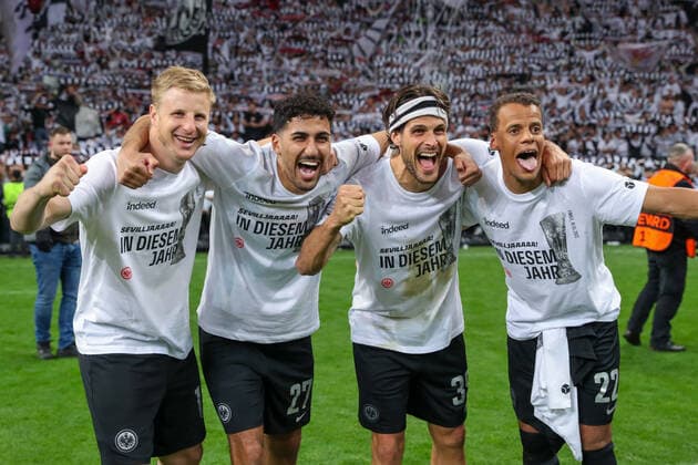 Soccer Europa League semifinal Eintracht Frankfurt West Ham United on 05 05 2022 at Deutsche Bank Park in Frankfurt Martin Hinteregger Frankfurt 13 , Aymen Barkok Frankfurt 27 , Goncalo Paciencia Frankfurt 39 and Timothy Chandler Frankfurt 22 are happy to enter the final UR