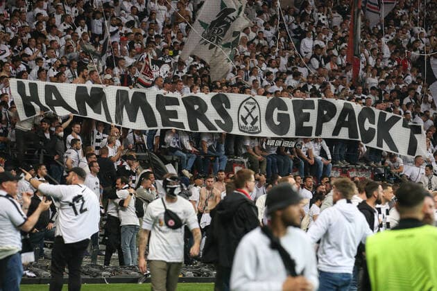 Soccer Europa League semifinal Eintracht Frankfurt West Ham United on 05 05 2022 at Deutsche Bank Park in Frankfurt Hammers packed banner banner in the northwest curve UR