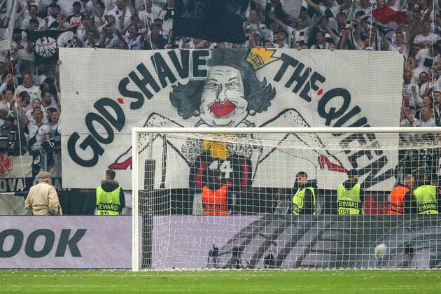 Soccer Europa League semifinal Eintracht Frankfurt West Ham United on 05 05 2022 at Deutsche Bank Park in Frankfurt God shave the Queen banner banner in the Nordwestkurve UR