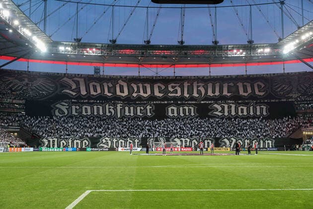 Soccer Europa League semifinal Eintracht Frankfurt West Ham United on 05 05 2022 at Deutsche Bank Park in Frankfurt Eintracht Frankfurt fans present a choreography in the northwest curve UR