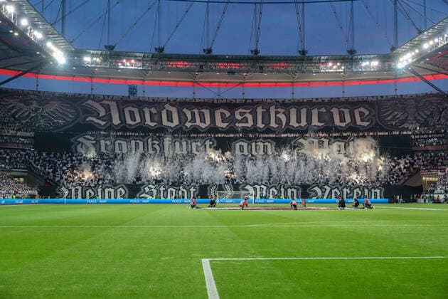 Soccer Europa League semifinal Eintracht Frankfurt West Ham United on 05 05 2022 at Deutsche Bank Park in Frankfurt Eintracht Frankfurt fans present a choreography in the northwest curve UR