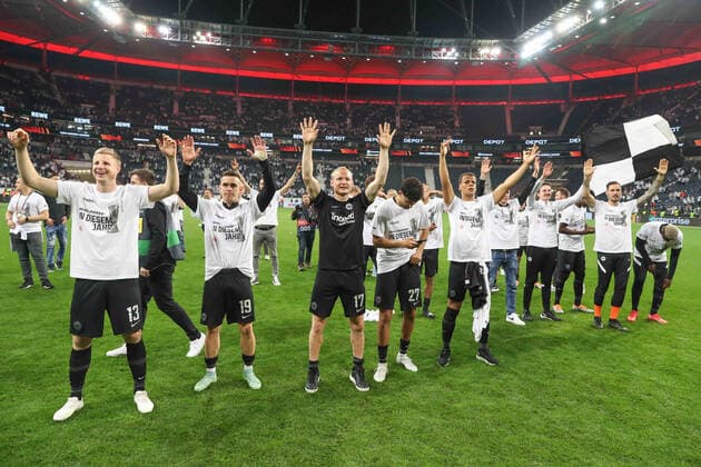 Soccer Europa League semifinal Eintracht Frankfurt West Ham United on 05 05 2022 at Deutsche Bank Park in Frankfurt Martin Hinteregger Frankfurt 13 , Rafael Santos Borre Frankfurt 19 , Sebastian Rode Frankfurt 17 , Aymen Barkok Frankfurt 27 , Timothy Chandler Frankfurt 22 are happy about the entry into the final UR