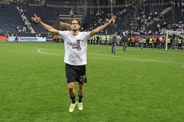 Soccer Europa League semifinal Eintracht Frankfurt West Ham United on 05 05 2022 at Deutsche Bank Park in Frankfurt Goncalo Paciencia Frankfurt 39 happy about the victory and the entry into the final UR