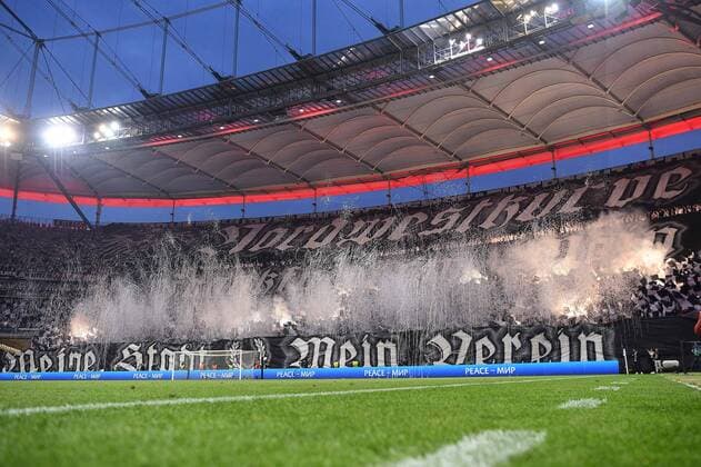 Soccer Europa League semifinal Eintracht Frankfurt West Ham United on 05 05 2022 at Deutsche Bank Park in Frankfurt choreo choreography fan block fans Frankfurt xHDx