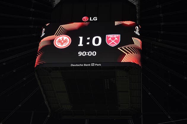 Soccer Europa League semifinal Eintracht Frankfurt West Ham United on 05 05 2022 at Deutsche Bank Park in Frankfurt final scoreboard video wall 1 0 xHDx