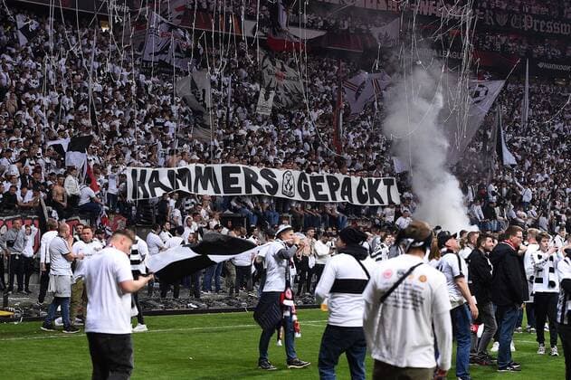 Soccer Europa League semifinal Eintracht Frankfurt West Ham United on 05 05 2022 at Deutsche Bank Park in Frankfurt fan block fans Frankfurt banner with the inscription Hammers packed xHDx
