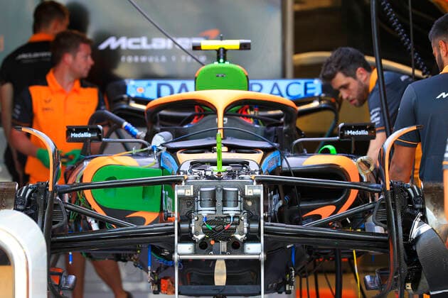 MIAMI GARDENS, FL - MAY 05: The race car of McLaren Renault driver Lando Norris (4) of Great Britain is being worked on before the Crypto.com Miami Grand Prix on May 5, 2022 at the Miami International Autodrome in Miami Gardens, Florida. (Photo by David J. Griffin Icon Sportswire) AUTO: MAY 05 F1 Crypto.com Miami Grand Prix Icon9532205050391