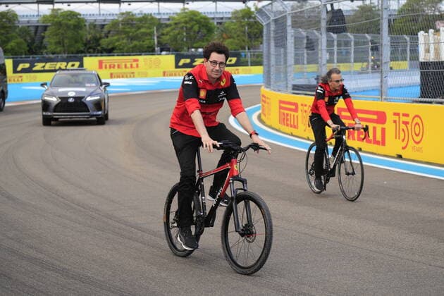 MIAMI GARDENS, FL - MAY 05: Mattia Binotto, team principal of Scuderia Ferrari rides his bicycle on the track before the Crypto.com Miami Grand Prix on May 5, 2022 at the Miami International Autodrome in Miami Gardens, Florida. (Photo by David J. Griffin Icon Sportswire) AUTO: MAY 05 F1 Crypto.com Miami Grand Prix Icon9532205050931
