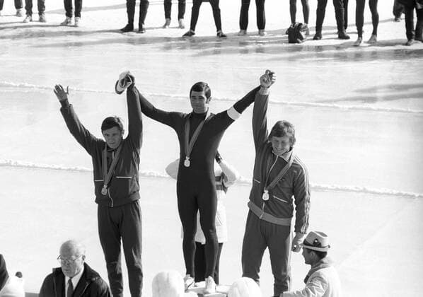 Valery Muratov, Erhard Keller, Hasse B?rjes 553485 08.02.1972 XI Winter Olympic Games, Olympische Spiele, Olympia, OS in Sapporo. Winners of Men s 500m Speed skating, Eisschnelllauf race, left to right: Valery Muratov (USSR, 3rd place), Erhard Keller (FRG, 1st place), Hasse B?rjes (Sweden, 2nd place) on the victory podium. Dmitryi Donskoy Sputnik Sapporo Japan  Copyright: xDmitryixDonskoyx