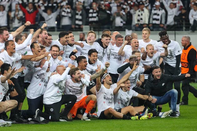 Soccer Europa League semifinal Eintracht Frankfurt West Ham United on 05 05 2022 at Deutsche Bank Park in Frankfurt winner photo of the team of Eintracht Frankfurt, including Timothy Chandler Frankfurt 22 , Daichi Kamada Frankfurt 15 , Aymen Barkok Frankfurt 27 , Rafael Santos Borre Frankfurt 19 , Jens Petter Hauge Frankfurt 23 , Makoto Hasebe Frankfurt 20 , goalkeeper Kevin Trapp Frankfurt 1 , Ansgar Knauff Frankfurt 36 , Goncalo Paciencia Frankfurt 39 , Jesper Lindström Lindstroem Lindstrom Frankfurt 29 , Djibril Sow Frankfurt 8 , Ragnar Ache Frankfurt 21 , Sebastian Rode Frankfurt 17 , Martin Hinteregger Frankfurt 13 and Danny da Costa Frankfurt 24 UR