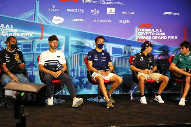 (L to R): Lewis Hamilton (GBR) Mercedes AMG F1; Pierre Gasly (FRA) AlphaTauri; Alexander Albon (THA) Williams Racing; Sergio Perez (MEX) Red Bull Racing; and Lance Stroll (CDN) Aston Martin F1 Team, in the FIA press conference, PK, Pressekonferenz during the Formula 1 Crypto.com Miami Grand Prix 2022, 5th round of the 2022 FIA Formula One World Championship, WM, Weltmeisterschaft on the Miami International Autodrome, from May 6 to 8, 2022 in Miami Gardens, Florida, United States of America - F1 - MIAMI GRAND PRIX 2022 DPPI Panoramic  B40X4949