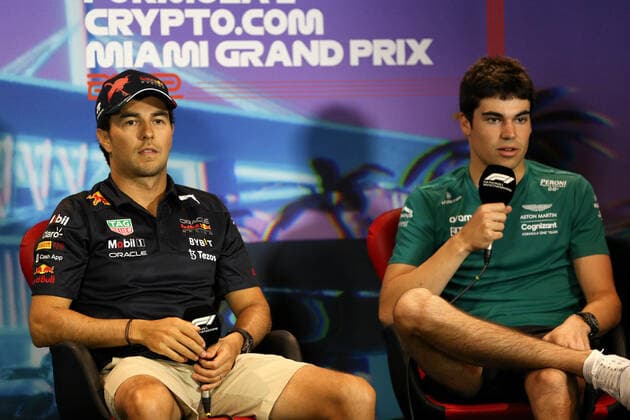 STROLL Lance (can), Aston Martin F1 Team AMR22, portrait with PEREZ Sergio (mex), Red Bull Racing RB18 in the FIA press conference, PK, Pressekonferenz during the Formula 1 Crypto.com Miami Grand Prix 2022, 5th round of the 2022 FIA Formula One World Championship, WM, Weltmeisterschaft on the Miami International Autodrome, from May 6 to 8, 2022 in Miami Gardens, Florida, United States of America - F1 - MIAMI GRAND PRIX 2022 DPPI Panoramic  B40X5134