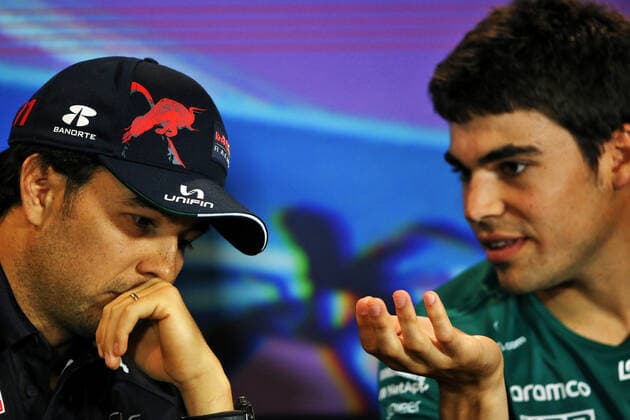 STROLL Lance (can), Aston Martin F1 Team AMR22, portrait with PEREZ Sergio (mex), Red Bull Racing RB18 in the FIA press conference, PK, Pressekonferenz during the Formula 1 Crypto.com Miami Grand Prix 2022, 5th round of the 2022 FIA Formula One World Championship, WM, Weltmeisterschaft on the Miami International Autodrome, from May 6 to 8, 2022 in Miami Gardens, Florida, United States of America - F1 - MIAMI GRAND PRIX 2022 DPPI Panoramic  B40X5231