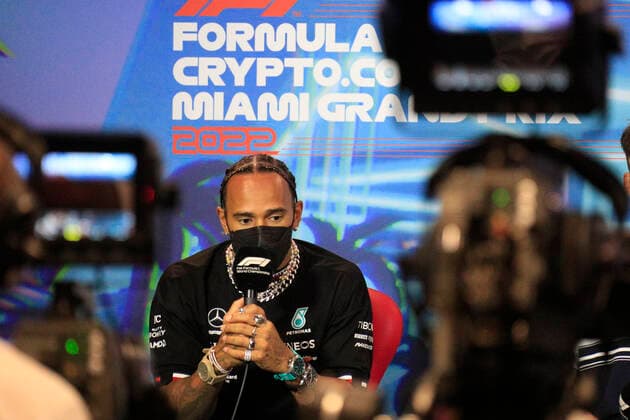 MIAMI GARDENS, FL - MAY 06: Mercedes-AMG Petronas driver Lewis Hamilton (44) of Great Britain being intiewed prior to for the Formula 1 CRYPTO.COM Miami Grand Prix on May 6, 2022 at Miami International Autodrome in Miami Gardens, FL. (Photo by Jeff Robinson Icon Sportswire) AUTO: MAY 06 F1 Crypto.com Miami Grand Prix Icon22050627861