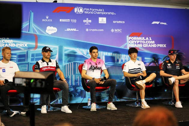 (L to R): Kevin Magnussen (DEN) Haas F1 Team; Valtteri Bottas (FIN) Alfa Romeo F1 Team; Esteban Ocon (FRA) Alpine F1 Team; Yuki Tsunoda (JPN) AlphaTauri; and Max Verstappen (NLD) Red Bull Racing, portrait in the FIA press conference, PK, Pressekonferenz during the Formula 1 Crypto.com Miami Grand Prix 2022, 5th round of the 2022 FIA Formula One World Championship, WM, Weltmeisterschaft on the Miami International Autodrome, from May 6 to 8, 2022 in Miami Gardens, Florida, United States of America - F1 - MIAMI GRAND PRIX 2022 DPPI Panoramic  B40X5317