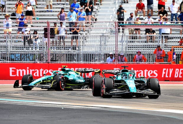 FORMULA 1 CRYPTO COM MIAMI GRAND PRIX 06 05 2022, Miami International Autodrome, Miami, FORMULA 1 CRYPTO COM MIAMI GRAND PRIX ,in picture Lance Stroll CAN , Aston Martin Aramco Cognizant Formula One Team, Sebastian Vettel DEU , Aston Martin Aramco Cognizant Formula One Team nordphotoxGmbHx xBratic nph00250