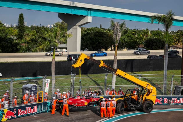 Damaged car of 55 Carlos Sainz ESP, Scuderia Ferrari , F1 Grand Prix of Miami at Miami International Autodrome on May 6, 2022 in Miami, United States of America Photo by HOCH ZWEI Miami United States of America