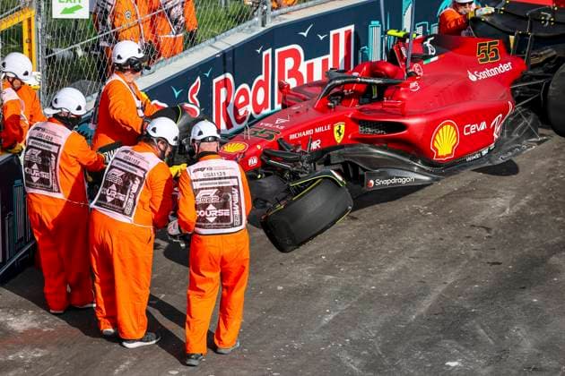 Damaged car of 55 Carlos Sainz ESP, Scuderia Ferrari , F1 Grand Prix of Miami at Miami International Autodrome on May 6, 2022 in Miami, United States of America Photo by HOCH ZWEI Miami United States of America
