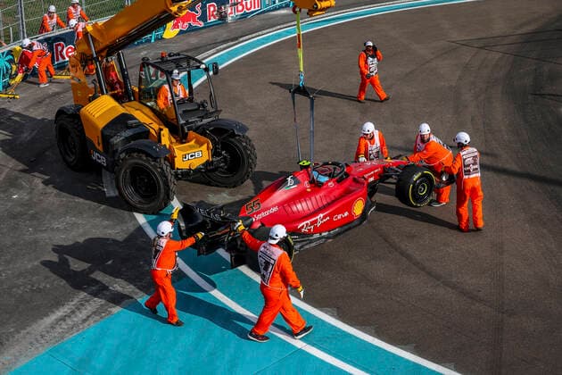 Damaged car of 55 Carlos Sainz ESP, Scuderia Ferrari , F1 Grand Prix of Miami at Miami International Autodrome on May 6, 2022 in Miami, United States of America Photo by HOCH ZWEI Miami United States of America
