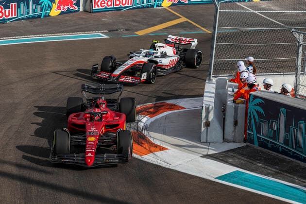 16 Charles Leclerc MCO, Scuderia Ferrari , 47 Mick Schumacher DEU, Haas F1 Team , F1 Grand Prix of Miami at Miami International Autodrome on May 6, 2022 in Miami, United States of America Photo by HOCH ZWEI Miami United States of America