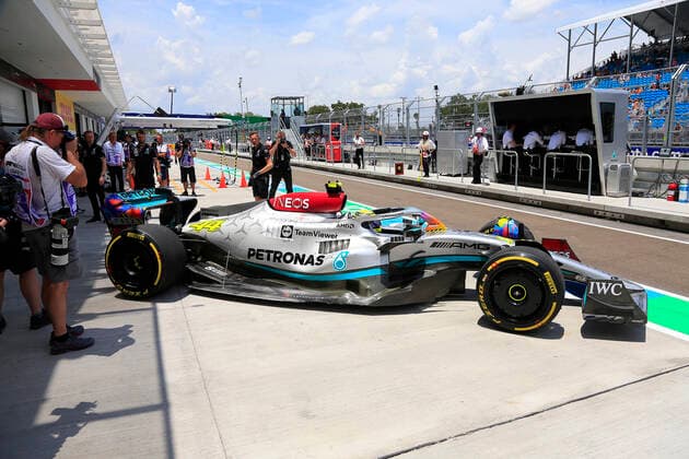 MIAMI GARDENS, FL - MAY 07: Mercedes-AMG Petronas driver Lewis Hamilton (44) of Great Britain pulls onto pit road during 3rd practice for the Crypto.com Miami Grand Prix on May 7, 2022 at the Miami International Autodrome in Miami Gardens, Florida. (Photo by David J. Griffin Icon Sportswire) AUTO: MAY 07 F1 Crypto.com Miami Grand Prix Icon95322050703661