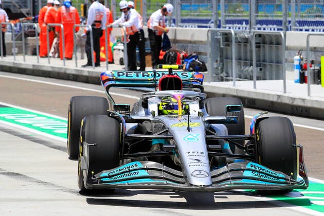 MIAMI GARDENS, FL - MAY 07: Mercedes-AMG Petronas driver Lewis Hamilton (44) of Great Britain pulls into his pit stall during 3rd practice for the Crypto.com Miami Grand Prix on May 7, 2022 at the Miami International Autodrome in Miami Gardens, Florida. (Photo by David J. Griffin Icon Sportswire) AUTO: MAY 07 F1 Crypto.com Miami Grand Prix Icon95322050705891