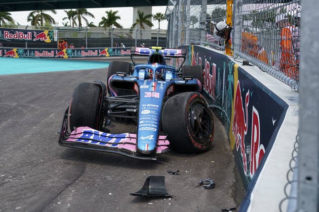 French Formula One driver Esteban Ocon of Alpine F1 Team crashes during the third practice session for the Formula One Grand Prix? of Miami at the Miami International Autodrome in Miami Gardens, Florida on Saturday, May 7, 2022.  FLP20220507103 GREGxNASH