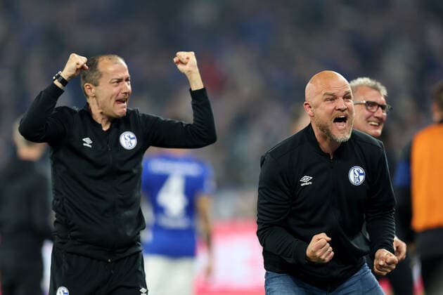 Sports director Rouven Schröder FC Schalke 04 happy about the goal to 3 2 by Rodrigo Zalazar FC Schalke 04 and promotion to the 1 Bundesliga at the match of the 2 BL season 2021 22 FC Schalke 04 FC St Pauli Copyright Thomas Pakusch