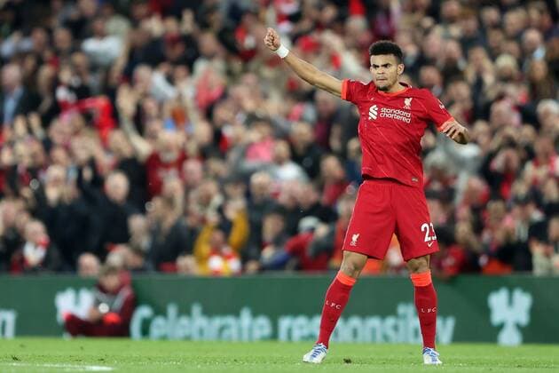 Mandatory Credit: Photo by Paul Greenwood Shutterstock (12926573x) Luis Diaz of Liverpool celebrates scoring his side s equalising goal to make the score 1-1 Liverpool v Tottenham Hotspur, Premier League, Football, Anfield, Liverpool, UK - 07 May 2022 EDITORIAL USE ONLY No use with unauthorised audio, video, data, fixture lists, club league logos or live services. Online in-match use limited to 120 images, no video emulation. No use in betting, games or single club league player publications. Liverpool v Tottenham Hotspur, Premier League, Football, Anfield, Liverpool, UK - 07 May 2022 EDITORIAL USE ONLY No use with unauthorised audio, video, data, fixture lists, club league logos or live services. Online in-match use limited to 120 images, no video emulation. No use in betting, games or single club league player publications. Copyright: xPaulxGreenwood Shutterstockx 12926573x