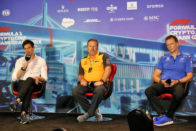Toto Wolff AUT, Mercedes AMG Petronas F1 Team , Zak Brown USA, McLaren F1 Team , Laurent Rossi FRA, CEO of Alpine , F1 Grand Prix of Miami at Miami International Autodrome on May 7, 2022 in Miami, United States of America Photo by Anthony Rew DPPI via HOCH ZWEI Miami United States of America
