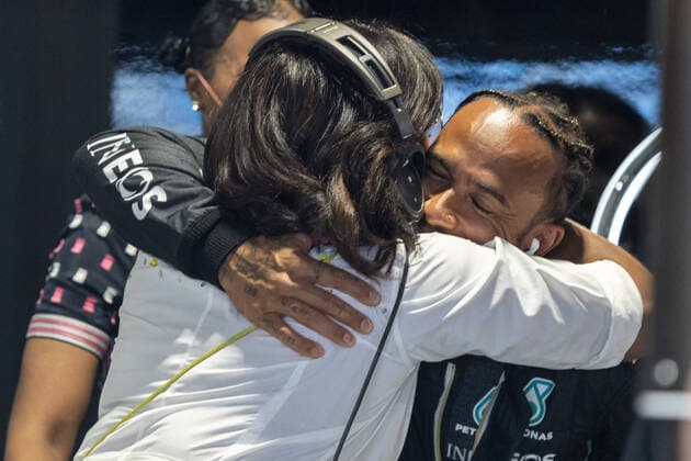 Former US First Lady Michaelle Obama hugs British Formula One driver Lewis Hamilton of Mercedes-AMG in the Mercedes garage prior to Free Practice 3 of the Formula One Grand Prix of Miami at the Miami International Autodrome in Miami Gardens, Florida on Saturday, May 7, 2022.  FLP20220507907 SHAWNxTHEW