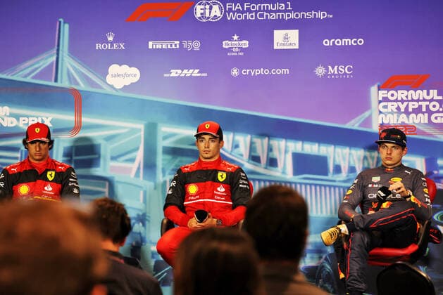 55 Carlos Sainz ESP, Scuderia Ferrari , 16 Charles Leclerc MCO, Scuderia Ferrari , 1 Max Verstappen NLD, Oracle Red Bull Racing , F1 Grand Prix of Miami at Miami International Autodrome on May 7, 2022 in Miami, United States of America Photo by DPPI via HOCH ZWEI Miami United States of America
