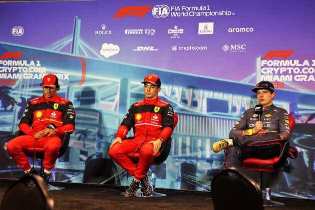 55 Carlos Sainz ESP, Scuderia Ferrari , 16 Charles Leclerc MCO, Scuderia Ferrari , 1 Max Verstappen NLD, Oracle Red Bull Racing , F1 Grand Prix of Miami at Miami International Autodrome on May 7, 2022 in Miami, United States of America Photo by DPPI via HOCH ZWEI Miami United States of America