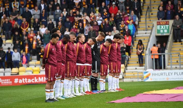 Mandatory Credit: Photo by Anna Gowthorpe Shutterstock (12926630cn) The Bradford City team stand together during a minute s silence in memory of the victims of the Valley Parade fire Bradford City v Carlisle United, EFL Sky Bet League Two, Football, Utilita Energy Stadium, Bradford, UK - 07 May 2022 EDITORIAL USE ONLY No use with unauthorised audio, video, data, fixture lists, club league logos or live services. Online in-match use limited to 120 images, no video emulation. No use in betting, games or single club league player publications. Bradford City v Carlisle United, EFL Sky Bet League Two, Football, Utilita Energy Stadium, Bradford, UK - 07 May 2022 EDITORIAL USE ONLY No use with unauthorised audio, video, data, fixture lists, club league logos or live services. Online in-match use limited to 120 images, no video emulation. No use in betting, games or single club league player publications. Copyright: xAnnaxGowthorpe Shutterstockx 12926630cn