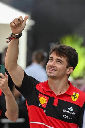 8th May 2022; Miami, Florida, USA; Scuderia Ferrari driver Charles Leclerc gives a thumbs up to the fans as he arrives in the paddock prior to the start of the Formula 1 CRYPTO.COM Miami Grand Prix on May 8, 2022 at Miami International Autodrome in Miami Gardens  ActionPlus12388090 DougxMurray Content restricted for UK based newspaper
