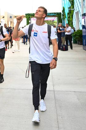 8th May 2022; Miami, Florida, USA; Haas driver Mick Schumacher smiles and gives a thumbs up to the fans as he arrives in the paddock prior to the start of the Formula 1 CRYPTO.COM Miami Grand Prix on May 8, 2022 at Miami International Autodrome in Miami Gardens  ActionPlus12388096 DougxMurray Content restricted for UK based newspaper