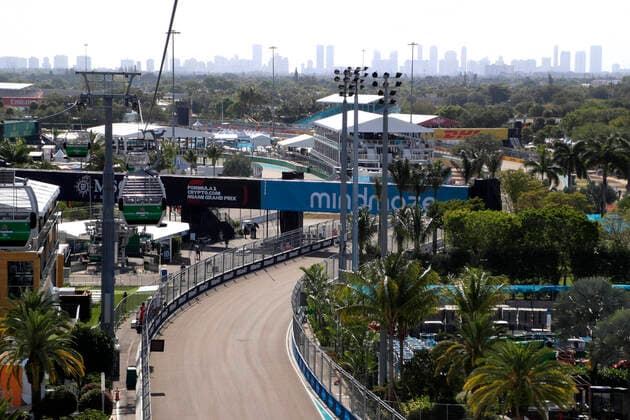 MIAMI GARDENS, FL - MAY 08: A general view of the fan zone areas with Miami Beach in the background prior to the Formula 1 CRYPTO.COM Miami Grand Prix on May 8, 2022 at Miami International Autodrome in Miami Gardens, FL.(Photo by Jeff Robinson Icon Sportswire) AUTO: MAY 08 F1 Crypto.com Miami Grand Prix Icon2205083991