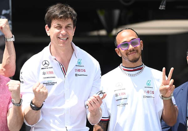 MIAMI GARDENS, FL - MAY 08: Mercedes-AMG Petronas Team Principal & CEO Toto Wolff and Mercedes-AMG Petronas driver Lewis Hamilton smiles and gestures prior to the start of the Formula 1 CRYPTO.COM Miami Grand Prix on May 8, 2022 at Miami Autodrome in Miami Gardens, FL. (Photo by Doug Murray Icon Sportswire) AUTO: MAY 08 F1 Crypto.com Miami Grand Prix Icon79620220508037