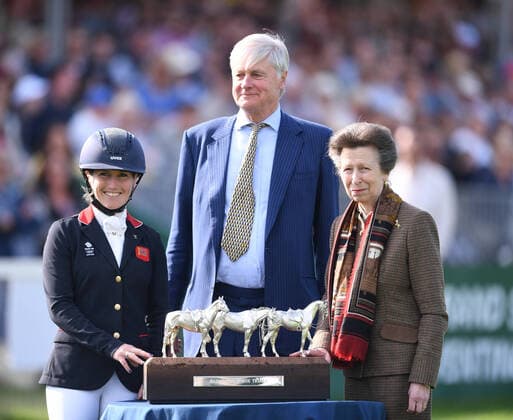 8th May 2022, Badminton Estate, Gloucestershire, England; Mars Equestrian Badminton Horse Trials, day 5; Laura Collett HRH Princess Anna and the Duke of Beauford after HRH Princess Anne has presented the winning trophy to Laura Collett for winning Badminton Horse Trials 2022  ActionPlus12388136 SimonxWest Content restricted for UK based newspaper
