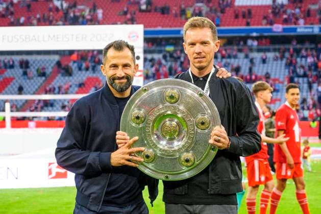 GER, DFB, FC Bayern Muenchen vs VfB Stuttgart 08 05 2022, Allianz Arena, Muenchen, GER, DFB, FC Bayern Muenchen vs VfB Stuttgart , in picture Hasan Salihamidzic sports director FCB with Julian Nagelsmann head coach FCB with the championship trophy nordphotoxGmbHx xStraubmeier nph00004