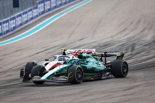 Crash between 47 Mick Schumacher DEU, Haas F1 Team and 5 Sebastian Vettel DEU, Aston Martin Aramco Cognizant F1 Team , F1 Grand Prix of Miami at Miami International Autodrome on May 8, 2022 in Miami, United States of America Photo by HOCH ZWEI Miami United States of America