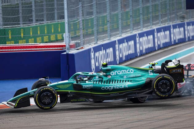 Crash between 47 Mick Schumacher DEU, Haas F1 Team and 5 Sebastian Vettel DEU, Aston Martin Aramco Cognizant F1 Team , F1 Grand Prix of Miami at Miami International Autodrome on May 8, 2022 in Miami, United States of America Photo by HOCH ZWEI Miami United States of America