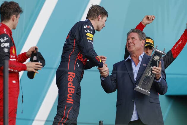 VERSTAPPEN Max (ned), Red Bull Racing RB18, portrait, Podium during the Formula 1 Crypto.com Miami Grand Prix 2022, 5th round of the 2022 FIA Formula One World Championship, WM, Weltmeisterschaft on the Miami International Autodrome, from May 6 to 8, 2022 in Miami Gardens, Florida, United States of America - F1 - MIAMI GRAND PRIX 2022 - RACE DPPI Panoramic F12022GP05USA_JK321073