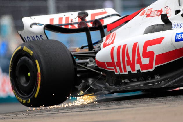 MIAMI GARDENS, FL - MAY 08: Haas Ferrari driver Mick Schumacher (47) of Germany creates sparks as his car bottoms out entering turn 14 during the Formula 1 CRYPTO.COM Miami Grand Prix on May 8, 2022 at Miami International Autodrome in Miami Gardens, FL.(Photo by Jeff Robinson Icon Sportswire) AUTO: MAY 08 F1 Crypto.com Miami Grand Prix Icon22050821421