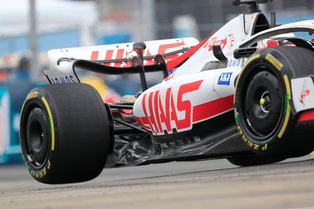 MIAMI GARDENS, FL - MAY 08: Haas Ferrari driver Mick Schumacher (47) of Germany gets his right side tires airborne during the Formula 1 CRYPTO.COM Miami Grand Prix on May 8, 2022 at Miami International Autodrome in Miami Gardens, FL.(Photo by Jeff Robinson Icon Sportswire) AUTO: MAY 08 F1 Crypto.com Miami Grand Prix Icon22050821491