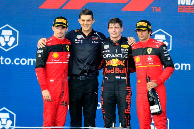 MIAMI GARDENS, FL - MAY 08: Scuderia Ferrari driver Charles Leclerc (16) of Monaco with Oracle Red Bull Racing Honda driver Max Verstappen (1) of the Netherlands and Scuderia Ferrari driver Carlos Sainz (55) of Spain on the podium at the conclusion of the Formula 1 CRYPTO.COM Miami Grand Prix on May 8, 2022 at Miami International Autodrome in Miami Gardens, FL.(Photo by Jeff Robinson Icon Sportswire) AUTO: MAY 08 F1 Crypto.com Miami Grand Prix Icon22050832311