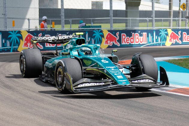 MIAMI GARDENS, FL - MAY 08: Aston Martin Aramco Cognizant driver Sebastian Vettel (5) of Germany enters turn 17 during the Formula 1 CRYPTO.COM Miami Grand Prix on May 8, 2022 at Miami International Autodrome in Miami Gardens, FL.(Photo by Jeff Robinson Icon Sportswire) AUTO: MAY 08 F1 Crypto.com Miami Grand Prix Icon22050834561