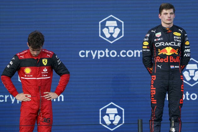 Monaco s Formula One driver Charles Leclerc of Scuderia Ferrari and first place winner Dutch Formula One driver Max Verstappen of Red Bull Racing are seen during the podium ceremony of the Formula One Grand Prix? of Miami at the Miami International Autodrome in Miami Gardens, Florida, on Sunday, May 8, 2022.  FLA20220508159 GREGxNASH